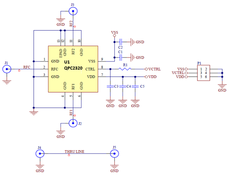 Schéma du circuit d'application - Qorvo Commutateur SPDT SOI de 0,02 GHz à 15 GHz QPC2320